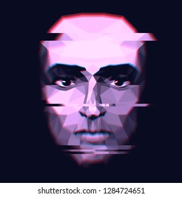 Low Poly Human Face In The Dark, Glitch Effect, Hologram, Virtual Head