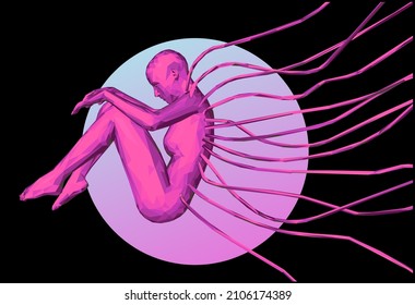 Low poly human in a fetal pose with wires coming from the body. 3D vector illustration.