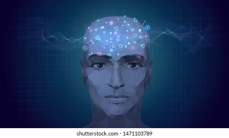 Low poly human head with a luminous brain, consciousness, artificial intelligence