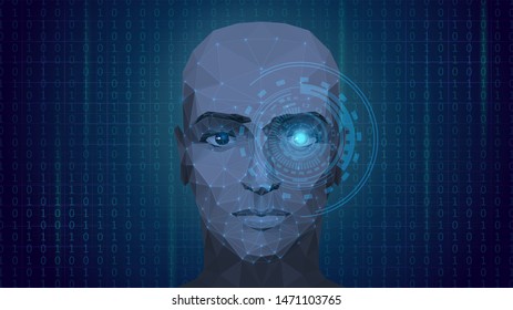 Low poly human head, robot head, artificial intelligence, face recognition technology