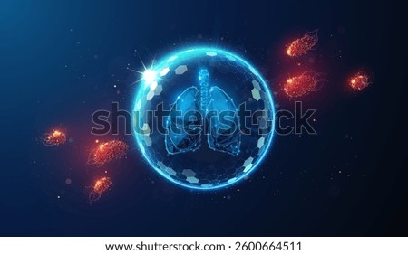 Low Poly Human Lungs Protected by Shield from Bacteria Made of Neon Particles in Center. Abstract illustration on bacterial, virus respiratory disease prevention medical concept on blue background