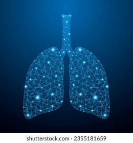 Low poly human lungs vector with futuristic concept. Medical organs blue color low poly wire-frame design. Medical and health illustration.