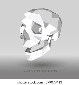 Low poly human skull in gray tones on a gradient background.