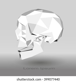 Low poly human skull in gray tones on a gradient background.