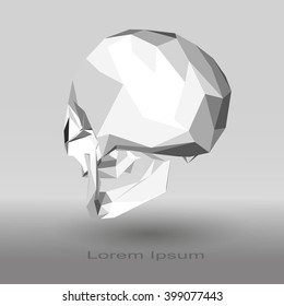 Low poly human skull in gray tones on a gradient background.