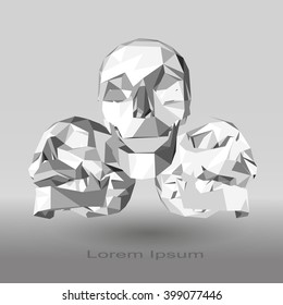 Low poly human skull in gray tones on a gradient background.
