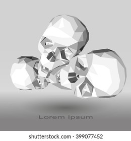 Low poly human skull in gray tones on a gradient background.