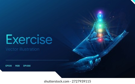 Baixo Poly Humano em Yoga Lotus Pose com Chakra Pontos sobre Livro Aberto na Mão. Ilustração vetorial abstrata representando meditação exercício guia conceito de livro por malha de arame sobre fundo azul