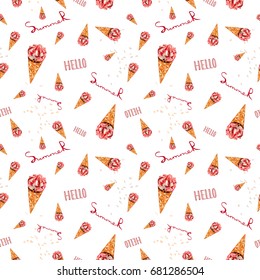 Low poly Ice cream in cone  . Hello summer caption. Seamless pattern, polygonal vector.  Geometric triangular modern design.
