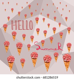 Low poly Ice cream in cone. Hello summer caption.  Polygonal vector.  Geometric triangular modern design.