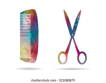 low poly icon colorful scissors and comb