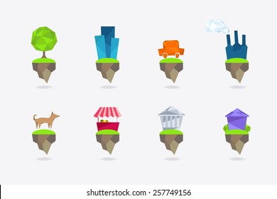 Low poly icon set on the theme of city - park, business center, transport, food market, factory, showplace, living house, pets.
