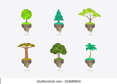 Low Poly icon set types of trees - apple tree, fir, acacia, baobab, oak, palm. Vector icon.