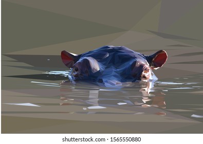 Low poly illustration of an African Hippo submerged in water 