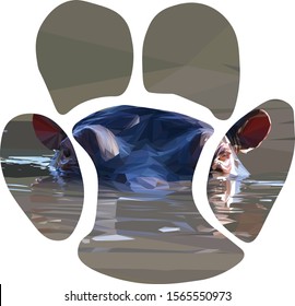 Low poly illustration of an African Hippo submerged in water in the shape of a hippo foot print