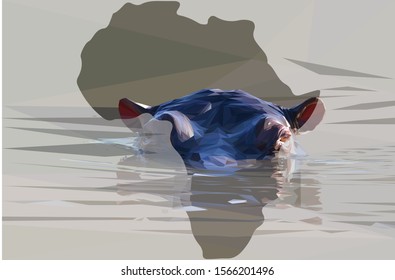 Low poly illustration of an African Hippo submerged in water in the shape of Africa