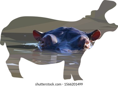 Low poly illustration of an African Hippo submerged in water in the shape of a hippo