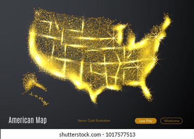 Low poly illustration of the american map with a golden dust effect. Sparkle stardust. Glittering vector with gold particles on dark background. Polygonal wireframe from dots and lines.