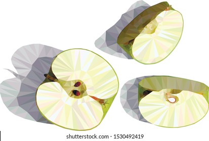 Low poly illustration of apple slices. Polygonal apple slices with shadow.