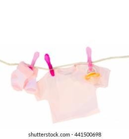 Low poly illustration baby pink clothes hanging on rope on white background
