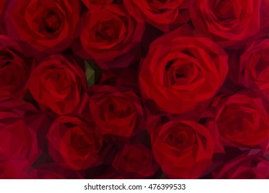 Low poly illustration background of dark red luxury blooming roses close up