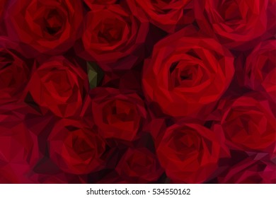 Low poly illustration background of dark red luxury blooming roses close up