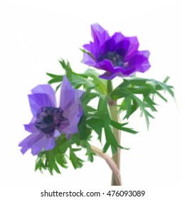 Low poly illustration of blue anemone flowers