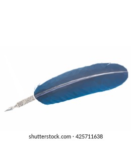 Low poly illustration blue feather pen