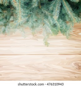 Low poly illustration blue fir tree border on wooden background