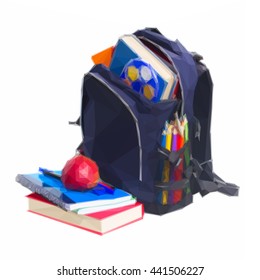 Low poly illustration blue school backpack full of stationery on white background