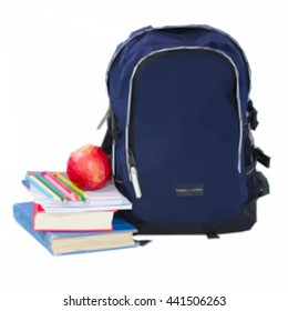 Low poly illustration blue school backpack with stationery on white background