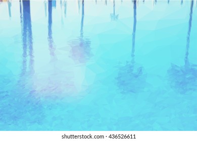 Low poly illustration blue tiled pool with reflections of palm trees