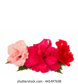 Low poly illustration border of colorful red and pink hibiscus flowers