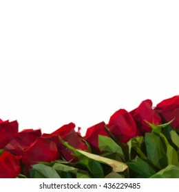 Low poly illustration border of fresh crimson red garden roses