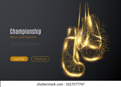 Low poly illustration of the boxing gloves with a golden dust effect. Sparkle stardust. Glittering vector with gold particles on dark background. Polygonal wireframe from dots and lines.