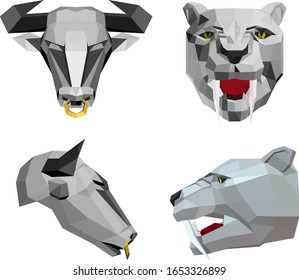 low poly illustration of  bull head with a nose ring and saber-toothed tiger head, sketch vector graphic color illustration on white background