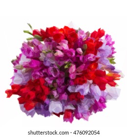 Low poly illustration bunch of blue, violet and red freesia flowers