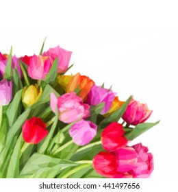Low poly illustration bunch of fresh pink, purple and red fresh tulips close up