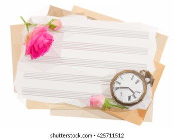 Low poly illustration bunch of old note papers with antique clock and rose