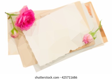 Low poly illustration bunch of old papers with roses