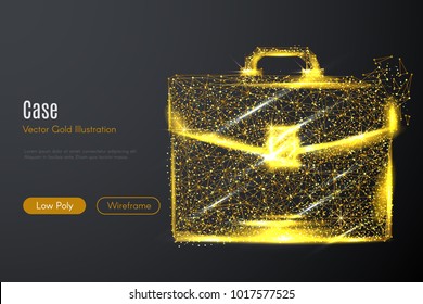 Low poly illustration of the business briefcase with a golden dust effect. Sparkle stardust. Glittering vector with gold particles on dark background. Polygonal wireframe from dots and lines.