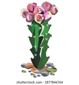 Low poly illustration of cactus tree with flower and stones. Gradient, polygonal.