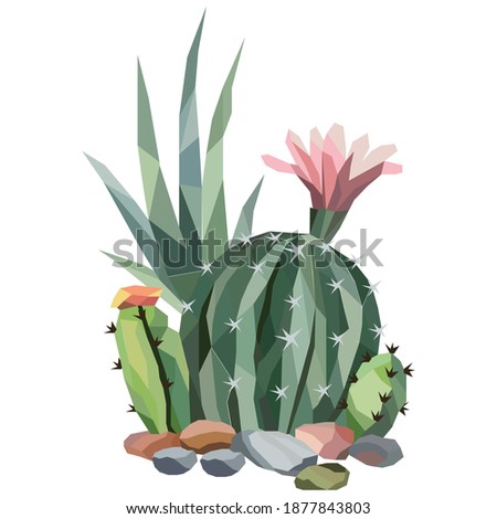 Low poly illustration of cactus tree with flower and stones. Gradient, polygonal.