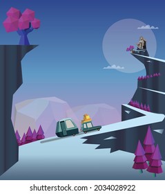 Low Poly Illustration Of A Car Towing Caravan Up The Hill Along The Snow Covered Road Leading To The Distant Mansion. Fantasy Cartoon Concept.