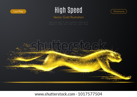 Low poly illustration of the cheetah with a golden dust effect. Sparkle stardust. Glittering vector with gold particles on dark background. Polygonal wireframe from dots and lines.