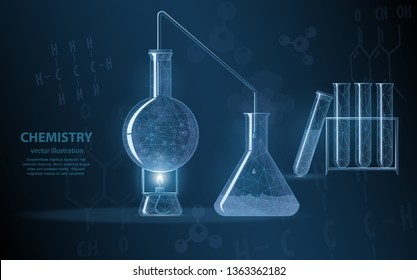 Low poly illustration of a chemical experiment. The course of a chemical reaction is the basis of the science of chemistry, on a dark background with chemical formulas and molecules.