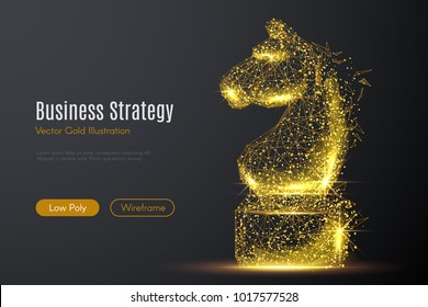 Low poly illustration of the CHESS HORSE with a golden dust effect. Sparkle stardust. Glittering vector with gold particles on dark background. Polygonal wireframe from dots and lines.