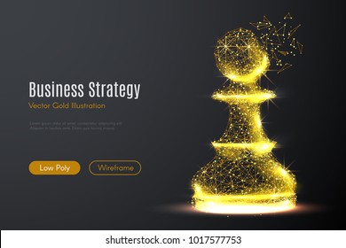 Low poly illustration of the chess piece pawn with a golden dust effect. Sparkle stardust. Glittering vector with gold particles on dark background. Polygonal wireframe from dots and lines.