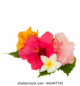 Low poly illustration colorful hibiscus and frangipani flowers