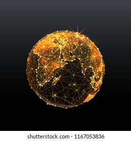 Low poly illustration of the Earth with a golden dust effect. Sparkle stardust. Glittering vector with gold particles on dark background. Polygonal wireframe from dots and lines.